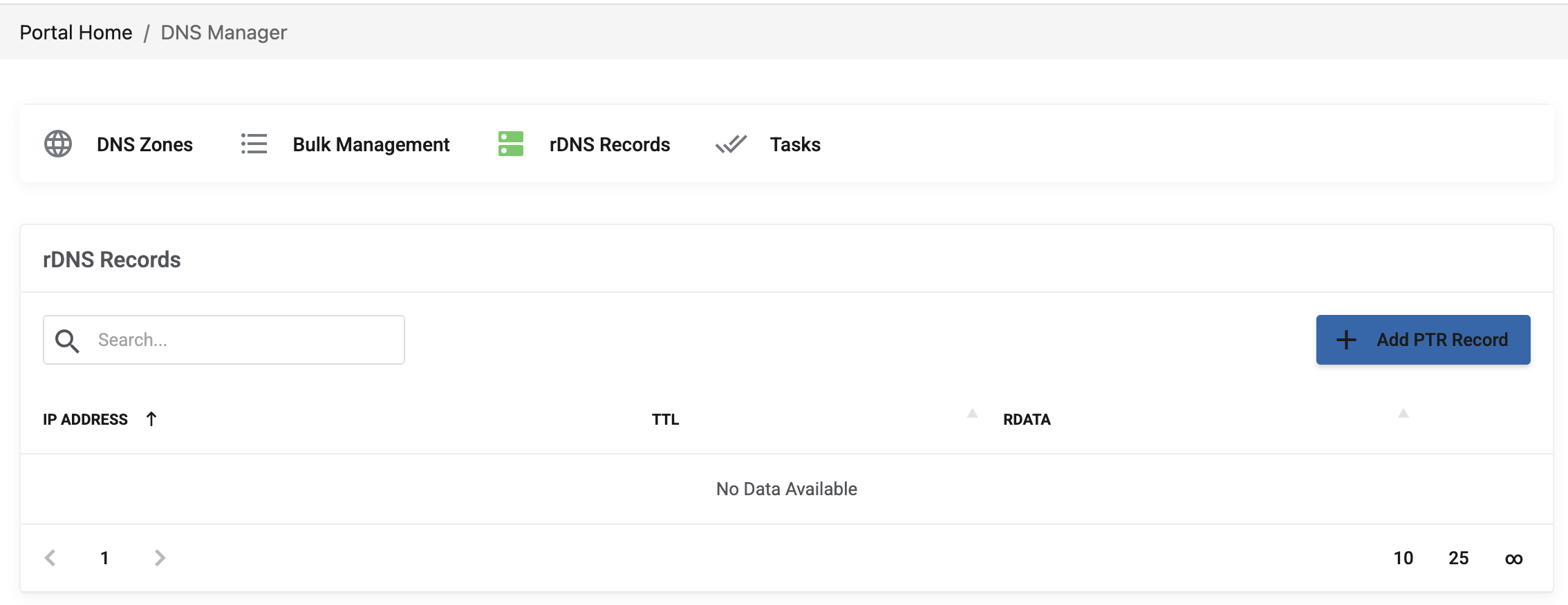 rDNS Records tab in the client area