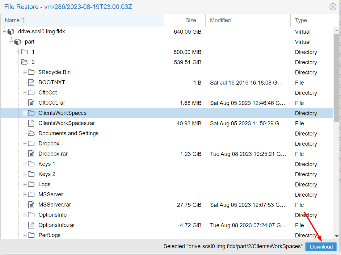 Backup file tree and the Download button
